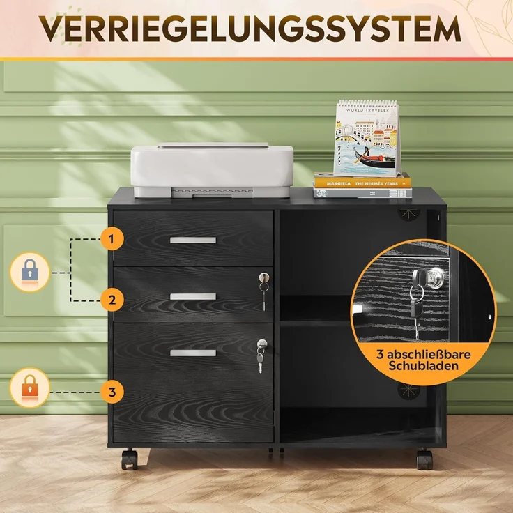 DEVAISE Rollcontainer mit 3 Schubladen und offenen Fächern, mobiler Aktenschrank mit Rollen, Druckertisch für DIN A4/Legal/Letter, abschließbarer Schrank für Büro und Homeoffice, Schwarz--Antikschwarz--63x40x80cm--YOUDENOVA – Bild 5