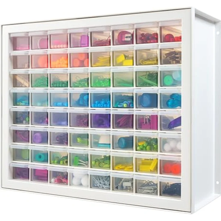 IRIS USA stapelbarer Aufbewahrungsschrank mit 64 Schubladen, 49,5 cm B x 17,8 cm T x 39,5 cm H, Weiß – Kleiner Ziegel-Organizer, Mehrzwecktruhe, Sammelalbum, Kunst, Hobby, mehrere Fächer – Bild 2