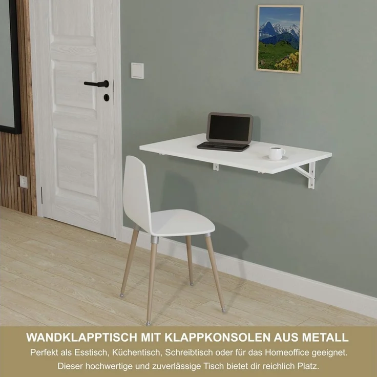 KDR Wandklapptisch 80x50 cm Weiß – Klappbarer Tisch zur Wandmontage – als Esstisch, Schreibtisch, Küchentisch oder Arbeitsplatz – Platzsparend & vielseitig einsetzbar – Bild 2