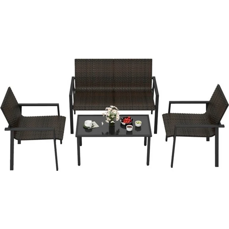 COSTWAY Gartenlounge-Set, (4-tlg), Balkonset PE Rattan, mit 2 Stühlen, Bank & Tisch – Bild 4