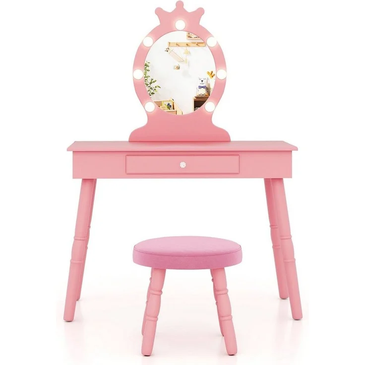 COSTWAY Kinder Schminktisch mit Hocker, abnehmbarem Spiegel und LED-Beleuchtung, Holz weiß, 34 x 70 x 100 cm – Bild 5