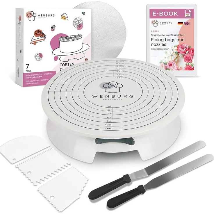 Wenburg Tortenplatte Drehbar, Tortendeko Set - Drehplatte mit Zubehör: Winkelpaletten, Teigschaber, Tortenunterlage, E-Book. Torten Drehteller I Tortenständer (Tortenplatten Set Chef) – Bild 5