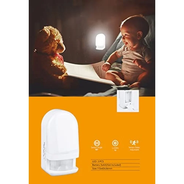 TRANGO LED Nachtlicht, Bewegungsmelder, 11-039 LED Sensor Nachtlicht in Weiß mit Automatikfunktion I Betrieb mit 3x AAA Batterie (nicht enthalten) mit Bewegungssensor, Tageslichtweiß, Sicherheitslicht, Orientierungslicht, Einschlafhilfe – Bild 2