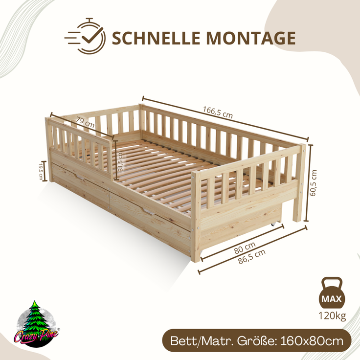 Crazy Pine 'Crazy Basic' Kinderbett mit Rausfallschutz, Skandinavisches Design, Holz, Natur, 80x160 cm, mit Schublade – Bild 2