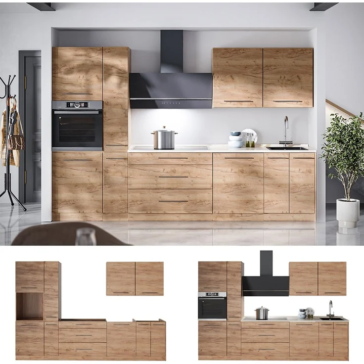 Küchenzeile Fame-Line Goldkraft Eiche/Goldkraft Eiche 310 cm, AP Marmor Vicco – Bild 3