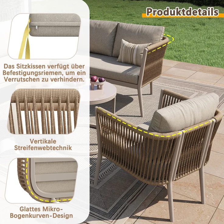 Merax Gartenlounge-Set für 5-6 Personen, 6-Sitzer Gartenmöbel-Set Sitzgruppe mit 2 stapelbaren Couchtische, Beige – Bild 6