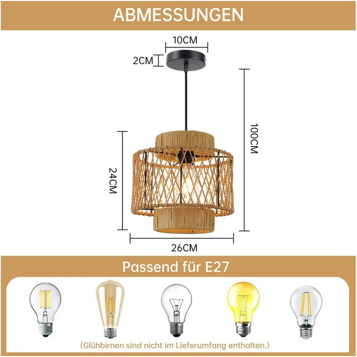 JDONG Pendelleuchte Boho Style Hängelampe 26CM Papierflechten Lampenschirm E27, ohne Leuchtmittel, Esstisch Vintage Hängeleuchte,Braun Deckenlampe, hängend,Vintage,Dekorative Möbel,Für,Wohnzimmer,Esszimmer,Flur,Küche – Bild 3