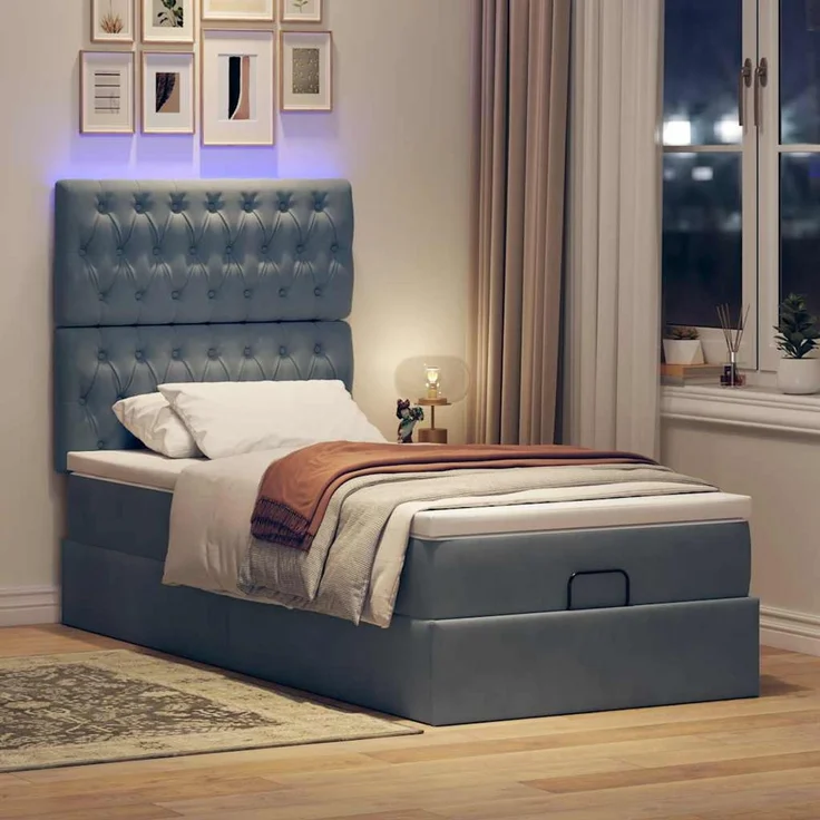 vidaXL Ottoman-Bett mit Matratzen & LEDs Dunkelgrau 100x200 cm Samt 3314373 – Bild 3