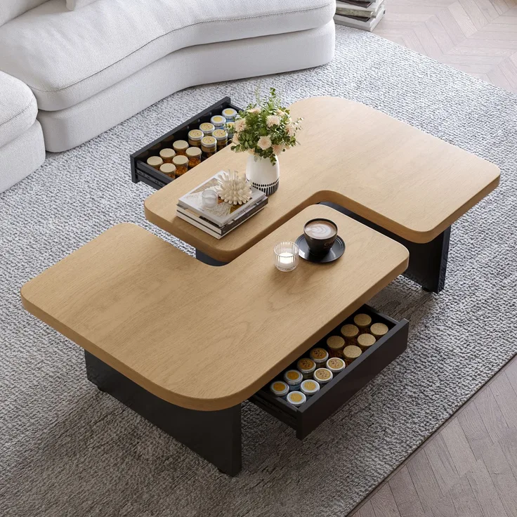 LVHOM Satztisch 2er Set mit LED und Schubladen, Couchtisch Scandi, Beistelltisch Wohnzimmertisch Kaffeetisch 135x60cm/90x90 cm, Eiche&Schwarz