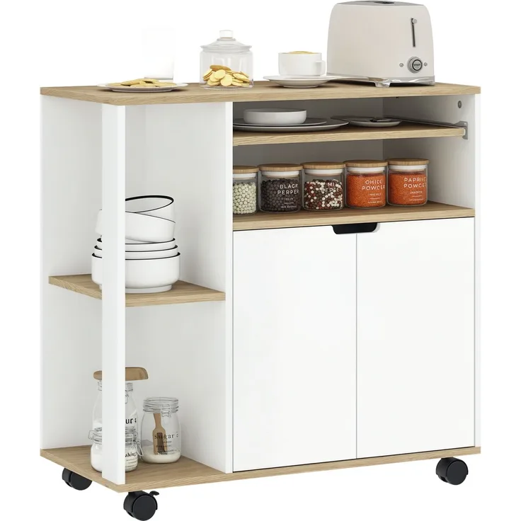 MELAYR, Rollender Küchenwagen mit Stauraum, Schrank, verstellbare Regale, für Küche, 80 x 40 x 82 cm, Naturholz+Weiß