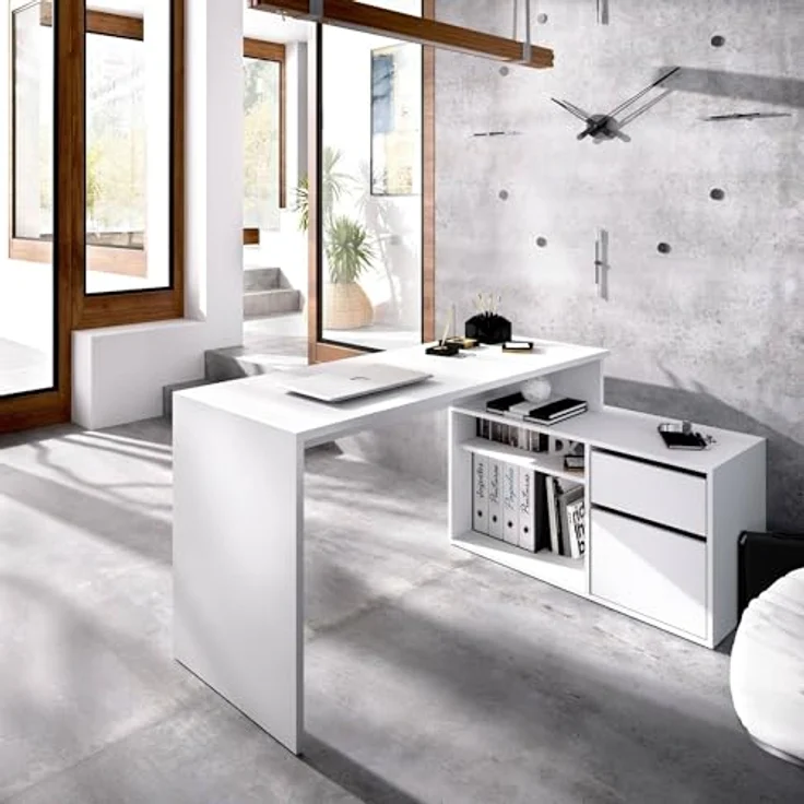 Dmora - Gardena-Schreibtisch, Schreibtisch mit Mehreren Positionen für das Büro oder Schlafzimmer, Mehrzweck-Ecktisch, 139 x 92 x 75 cm, Weiß – Bild 9