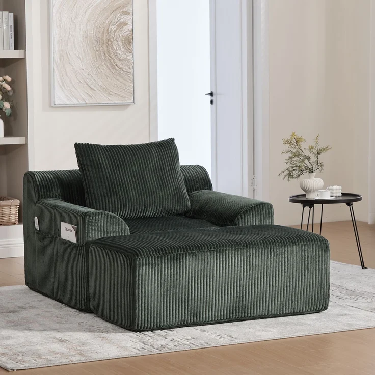Sessel Cord mit Fußhocker, 147 x 110 x 67 cm,Relaxsessel mit Stauraumtaschen & Federkern, kein Aufbau,Smaragd – Bild 2