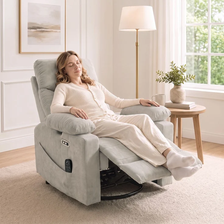 Wohnora-Elektrischer Relaxsessel mit Dreh- und Schaukelfunktion, Massage & Wärme, 3D-Armlehnen, USB-C/USB-Anschlüssen, Hellgrau,H 1100cm x T 950cm x B 920cm – Bild 2