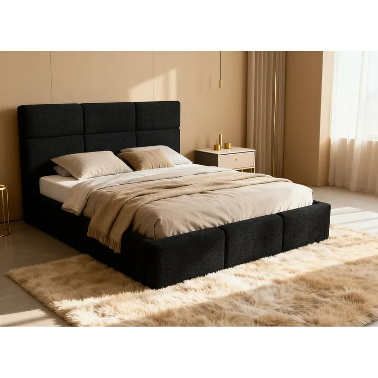 Polsterbett Celine - Bettkasten mit Gasdruckfedern - Doppelbett mit Lattenrost, Bett mit Polsterkopfteil, Bettgestell, Schlafzimmer, Bouclé-Stoff (140x200 cm, Schwarz (Coral 60))