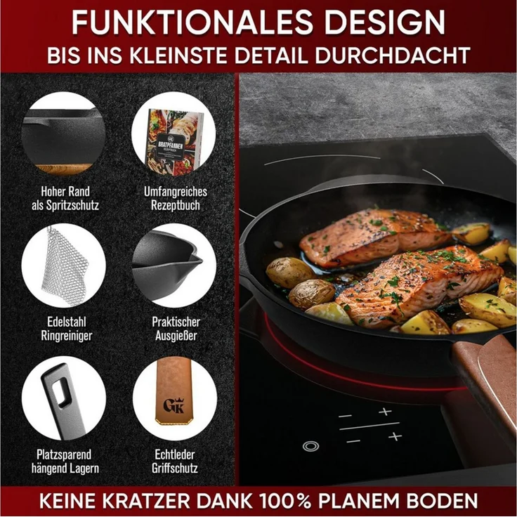 Feuerpfanne 30 cm aus Gusseisen – Bratpfanne mit Stiel Lederüberzug Ringreiniger & Rezeptbuch für Induktion Grill & Herd – Bild 2