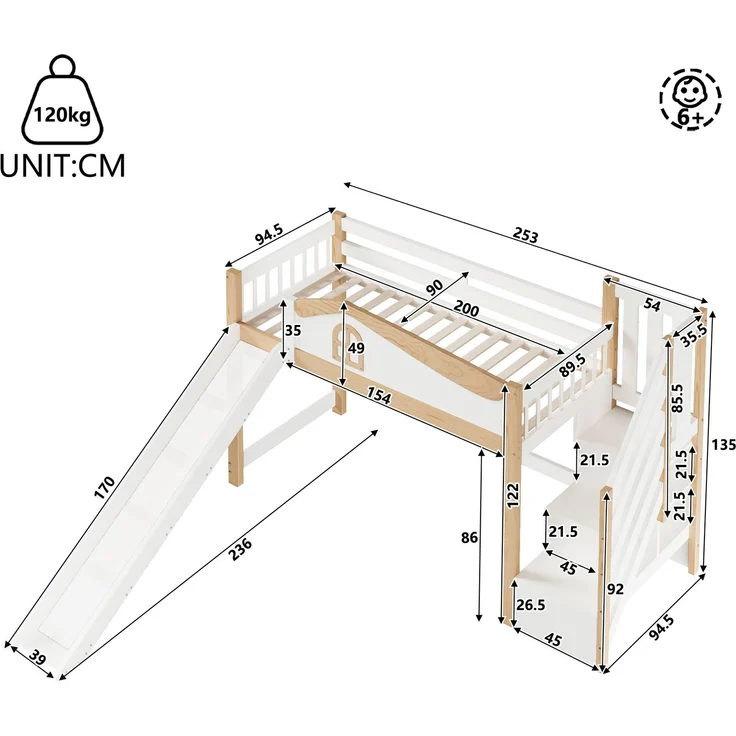 Halbhohes Bett, 90x200cm, Sicherheitsgeländer, Stauraumleiter, Rutsche, mit LED-Lichtleiste, Weiß – Bild 7