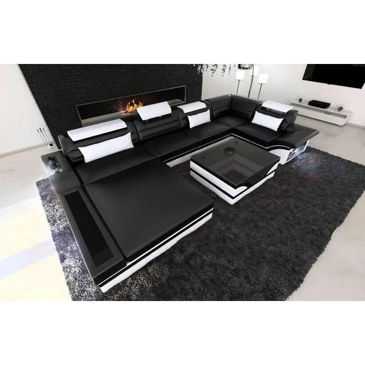 Sofa Dreams - Luxus Wohnlandschaft Mezzo mit LED - Ledermix - schwarz-weiß - Links – Bild 6