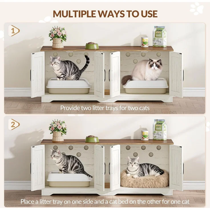 Katzenklo Schrank für 2 Katzen, Katzenklo Versteckt Schrank Möbel, Katzenhaus Holz Beistelltisch mit Kratzmatte, für Wohnzimmer und Schlafzimmer, 140 x 50 x 55 cm, Braun & Weiß – Bild 6