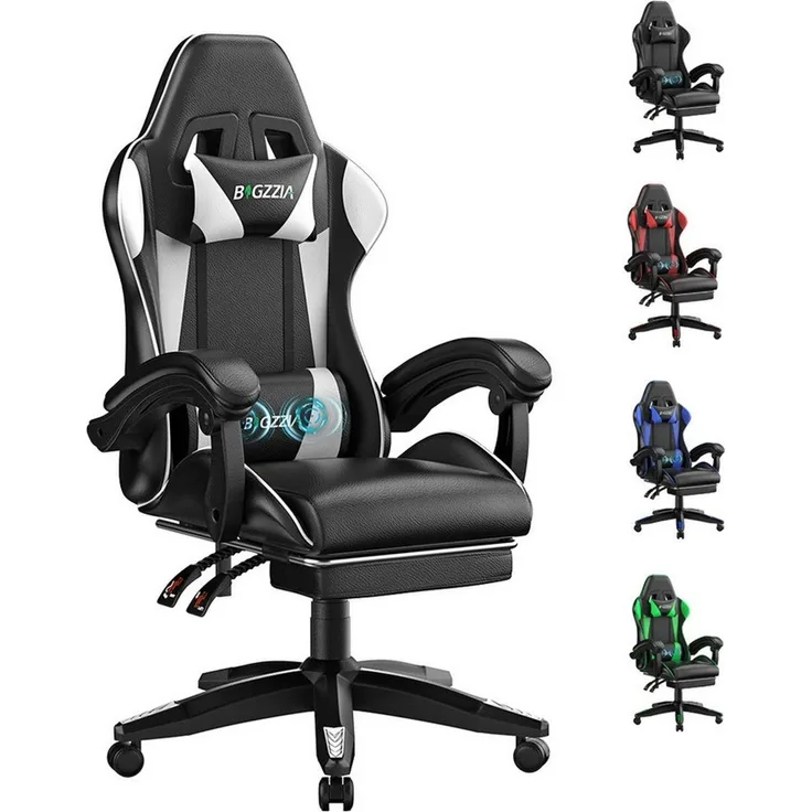 ZAISZE Gaming-Stuhl Schreibtischstuhl, Ergonomischer Bürostuhl mit Massagefunktion (PC Stuhl mit Fußstütze Kopfstütze Lendenkissen), Höhenverstellung Neigung 90°- 135°, für Gaming Arbeit Entspannung