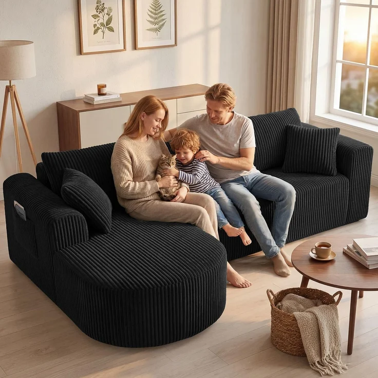 COMHOMA Ecksofa mit Schlaffunktion, 263cm Corduroy Modulares Boneless Couch mit Chaiselongue, L-Form Schlafsofa, Sektionssofas mit Kissen & Seitentaschen,Sofa für Wohnzimmer, Keine Montage, Schwarz – Bild 5