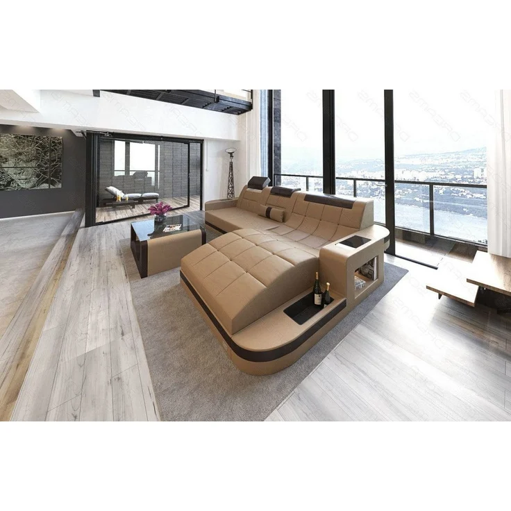 Mini Ecksofa Wave L Form aus Leder - Ledermix - sandbeige-dunkelbraun - Rechts – Bild 2
