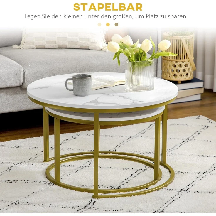 HOMCOM Couchtisch 2er-Set, Rund, mit Stahlgestell in Gold, Marmoroptik, stapelbar (Kaffeetisch, 2-St, Eckiger Beistelltisch), für Wohnzimmer, bis 30 kg belastbar, Weiß – Bild 4