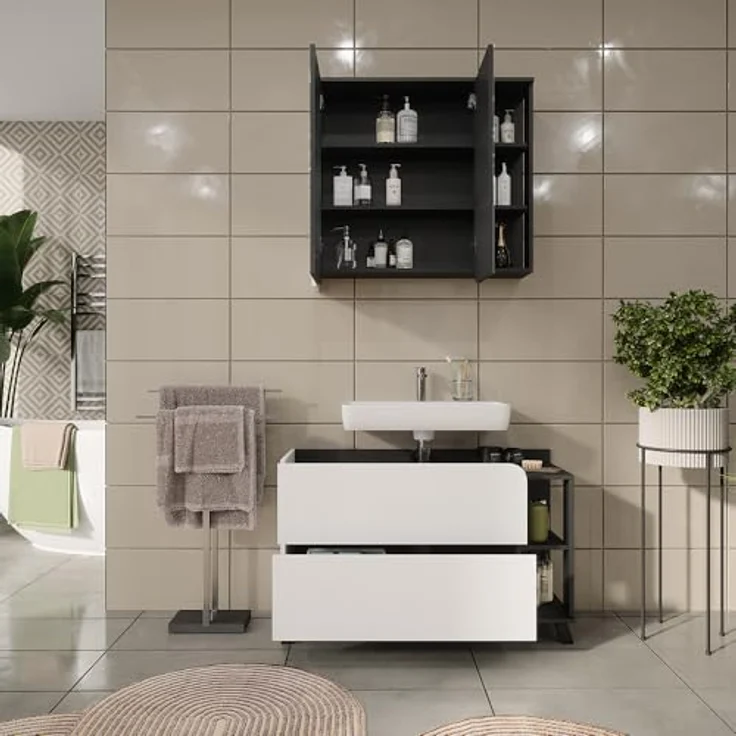 Vichy Badmöbel-Set Karen, Waschbeckenunterschrank und Spiegelschrank, Anthrazit/Weiss, 2 Teile – Bild 7