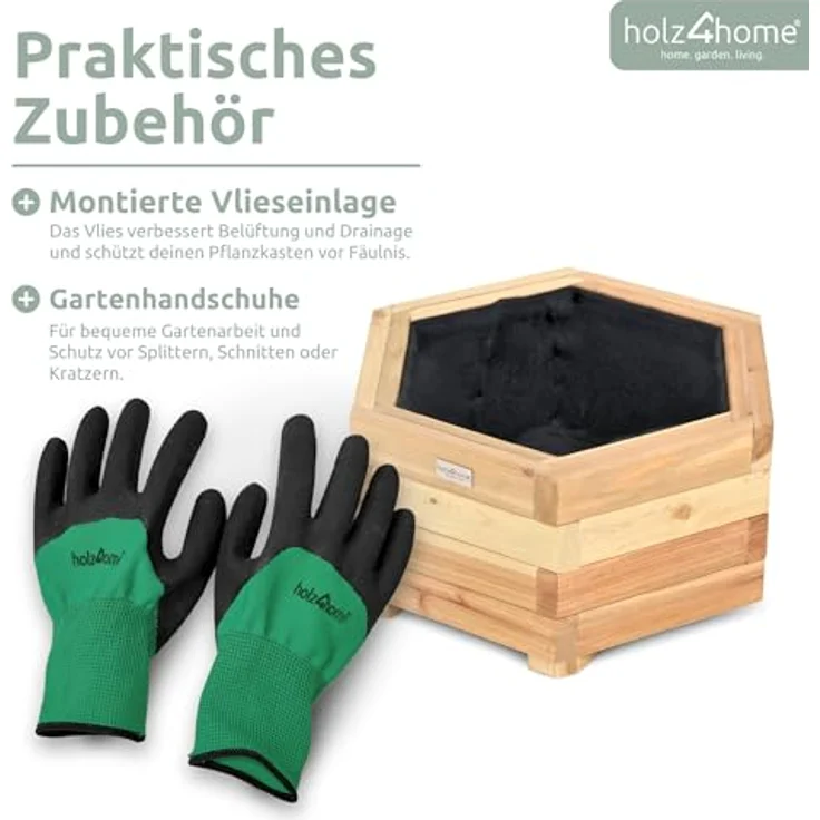 holz4home® Pflanzkübel 6-eckig aus Tannenholz I Outdoor Blumenkübel für Garten Balkon, inkl. Gartenhandschuhe & Vlies – Bild 6