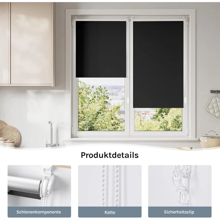 WOLTU Verdunkelungsrollo ohne Bohren, Thermo Verdunkelungsrollo mit Kette, Sichtschutz, für Türen und Fenster, Schwarz，B120 x H130 cm – Bild 6