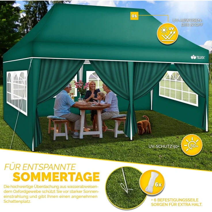 tillvex Pavillon 3x6m - mit 6 Seitenwänden Grün wasserdicht | Pop-Up Faltpavillon höhenverstellbar | Gartenzelt UV Schutz 50+ | Partyzelt mit Tasche für Garten – Bild 8