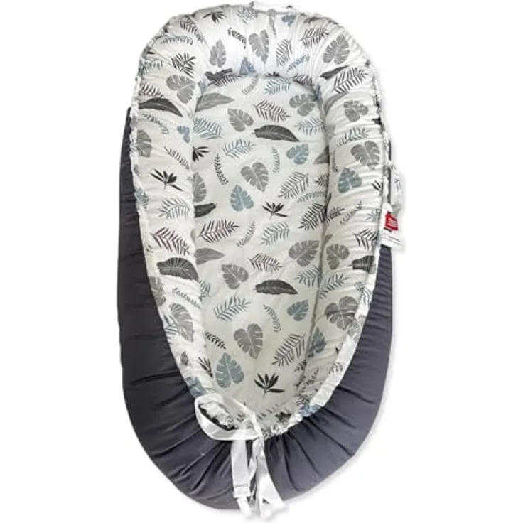 SONARIN Tragbares Babynest Neugeborene,Weiches Atmungsaktives Baby Nestchen Kuschelnest,Reisebett Kokon für Baby Säuglinge,mit Reversible 100% Baumwolle Bezug,88 x 53 cm(Grau-Blatt)