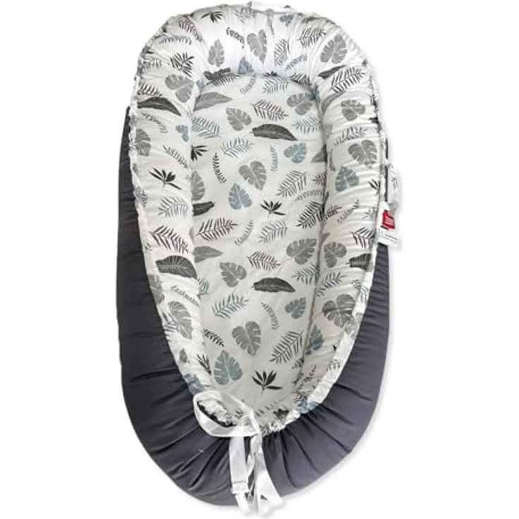 SONARIN Tragbares Babynest Neugeborene,Weiches Atmungsaktives Baby Nestchen Kuschelnest,Reisebett Kokon für Baby Säuglinge,mit Reversible 100% Baumwolle Bezug,88 x 53 cm(Grau-Blatt) – Bild 1