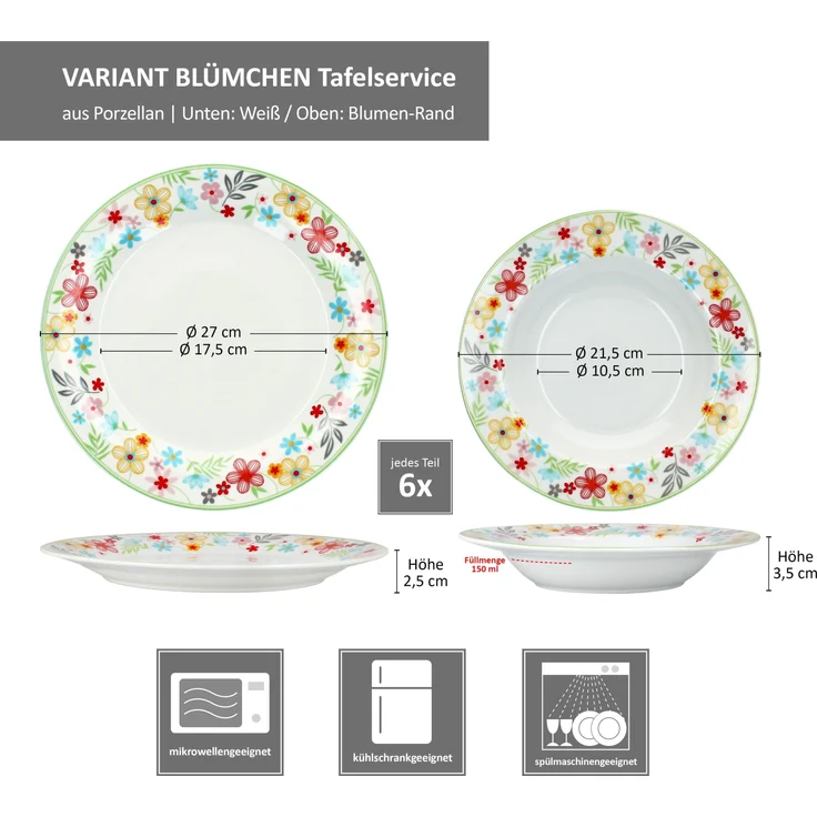12tlg Tafelservice Variant Blümchen Porzellan 6 Pers. Speiseteller Suppenteller – Bild 6