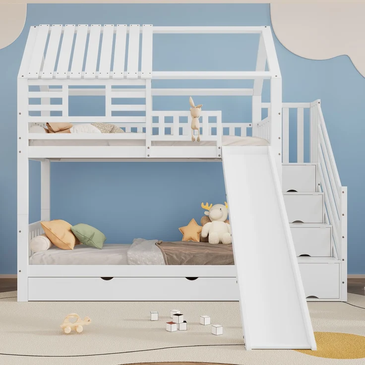 Etagenbett Hausbett 90x200 mit Treppe Stauraum Rutsche Schubladen Kinderbett Hochbett Spielbett Kiefernholz Weiß – Bild 3