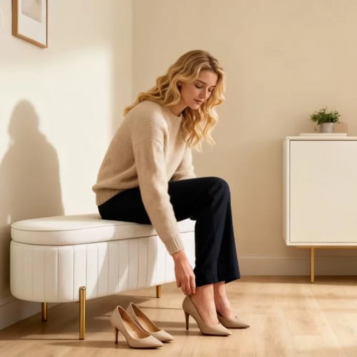 HOMCOM Sitzbank mit Klappdeckel und Stauraum (Sitztruhe, 1-St, Stoffbezug), Holz, Metall, Cremeweiß+Golden – Bild 10