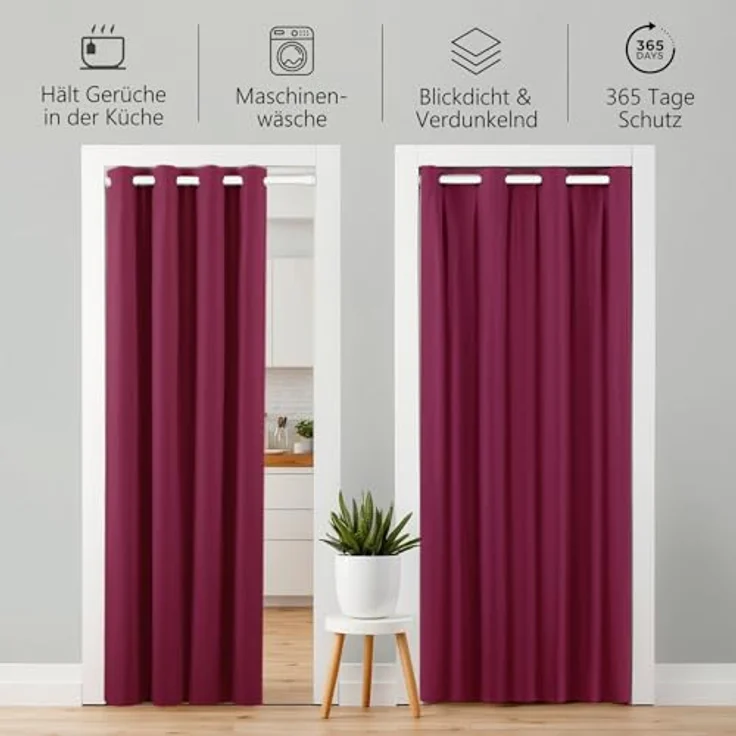 tinycurtains Türvorhang mit Stange weiß 70-120 cm Thermo Vorhang ohne Bohren, blickdicht, Ösen, verdunkelnd, Polyester, bordeaux rot Berry, Türgardine mit Klemmstange Raumtrenner Vorhang Tür – Bild 6