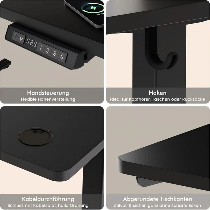 HOMAVO höhenverstellbarer Schreibtisch 80×180 cm, mit Memory- und Anti-Kollisionsfunktion, USB-A- und USB-C-Anschlüssen, Höhe 70–120 cm, Schwarz – Bild 6