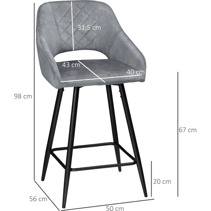 HOMCOM Barhocker Bistrohocker mit Fußstütze (Thekenhocker, 2 St, Barstühle), Stahl Grau 50 x 53 x 94 cm – Bild 8