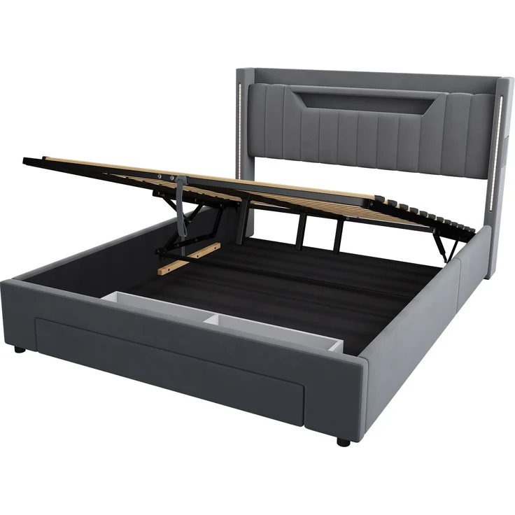 Polsterbett 140x200 cm mit LED-Beleuchtung, Ladestation und Stauraum – Ohne Matratze – Bild 10