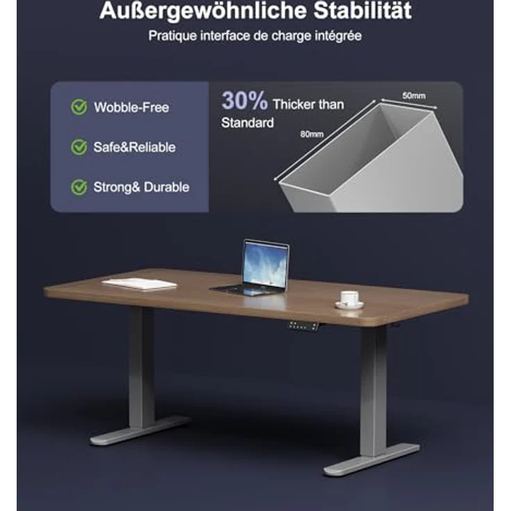 JUMMICO Höhenverstellbarer Schreibtisch Gestell mit 2 Starken Motoren, Type-C Aufladen und Kabelmanagement & Räder, 130kg Tragkraft, 4 Höhenspeicher, Elektrisch Tischgestell Höhenverstellbar, Grey – Bild 5