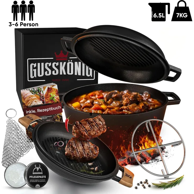 GUSSKÖNIG Dutch Oven 2in1 Topf Set 6,5L + Pflegepaste