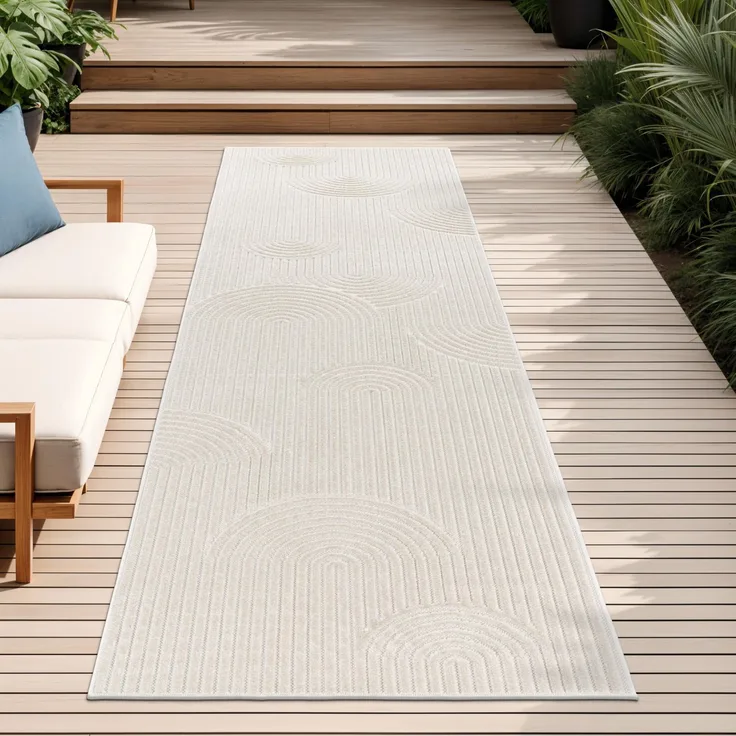 Paco Home Outdoor Teppich Wetterfest Wohnzimmer Küchenteppich Balkon Boho Skandi Design Regenbogen Muster Einfarbig Geometrisch Beige Creme, Grösse:60x100 cm