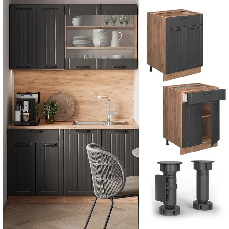 Küchenunterschrank Fame-Line Dunkelgrau 60 cm mit Schublade, AP Eiche Vicco – Bild 4