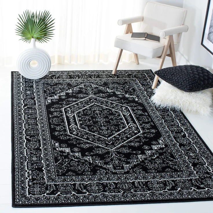 SAFAVIEH Quadratischer Teppich 122x122 cm - Adirondack Collection - Traditionelles Design, Schwarz & Elfenbein, Pflegeleichte Synthetikmischung, Ideal für Wohnzimmer, Schlafzimmer, Büro