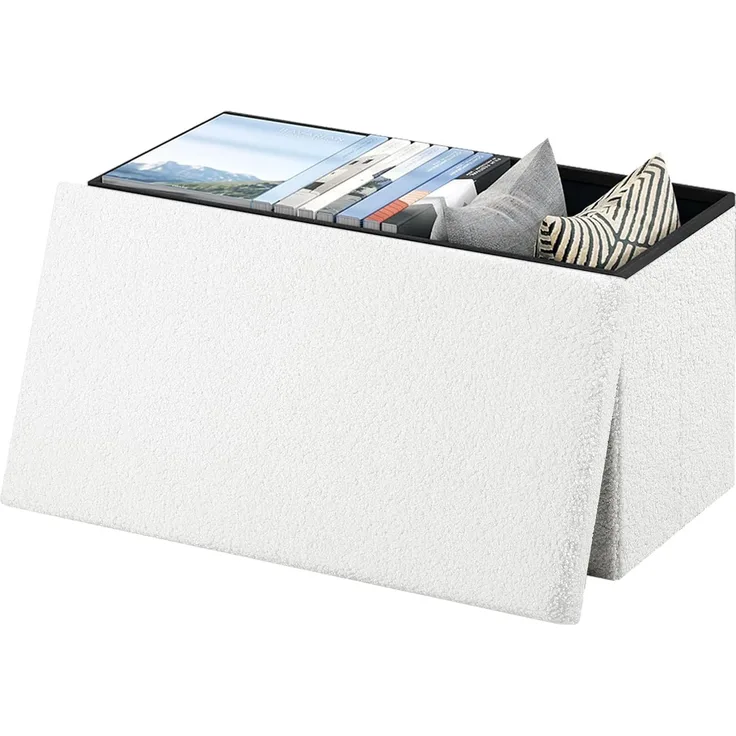eSituro Sitzbank mit Stauraum, Faltbarer Sitzhocker, Truhenbank mit Deckel, Sitztruhe, Fußhocker, Aufbewahrungstruhe, Polsterbank aus Teddyfleece, 80 L, 300 kg belastbar, 76 x 37 x 38 cm, weiß