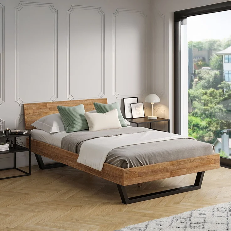 skølm 'Alver' Bett 120x200 cm, Bettgestell, natur geölt, Massivholzbett aus Eiche mit Metallkufen, Doppelbett mit durchgehendem Bettkopf – Bild 1