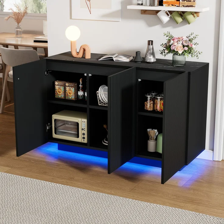 Merax LED Kommode Modern Design Sideboard mit Beleuchtung Schwarz Wohnzimmerschrank Bluetooth Steuerung Vertikale Streifen Anrichte 120cm Aufbewahrungsschrank – Bild 2