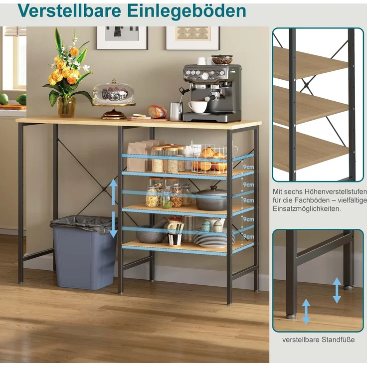 ZUBALIYA Ablagetisch 120 x 40 x 85,5 cm – flexibel montierbare Regale, Metallrahmen mit X-Verstrebung, höhenverstellbare Standfüße, MDF, Metall, Schwarz, Naturfarben – Bild 6
