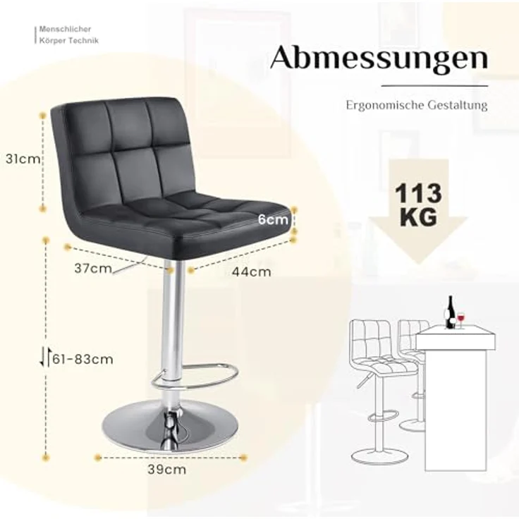 Sweetcrispy Barhocker 2er Set,PU-Leder Gepolsterter Barstuhl,Bistrohocker mit Lehne Fußstütze,360°Höhenverstellbar Drehbar Küchenhocker Designer Hocker,Tresenhocker für Bar,Schwarz – Bild 4