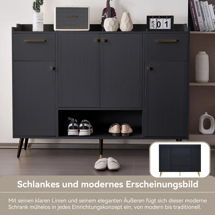 Schuhschrank Schwarz mit 4 Türen, 2 Schubladen und offenem Fach, Aufbewahrungsschrank für Schuhe, Flur, Eingangsbereich – Bild 9